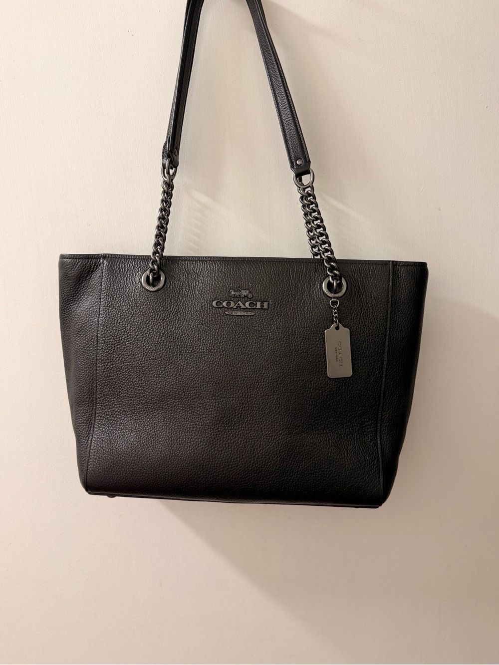 Coach Black Pebbled Leather Tote with Chain-Strap